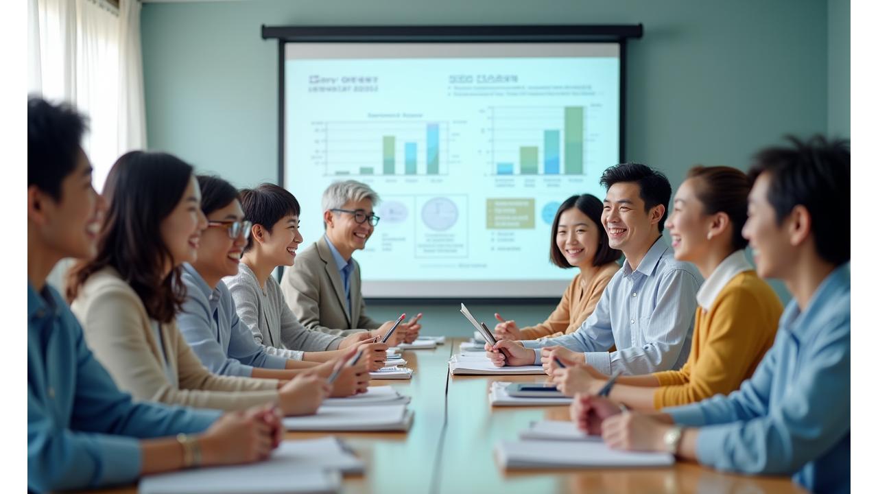 밝게 웃는 다양한 연령대의 한국인들이 함께 금융 교육을 받는 모습, 희망적이고 포괄적인 분위기