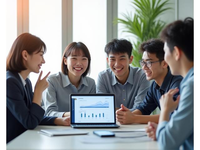사무실에서 활기차게 일하는 한국인 직원들, 재정적 안정을 상징하는 그래프와 노트북 화면