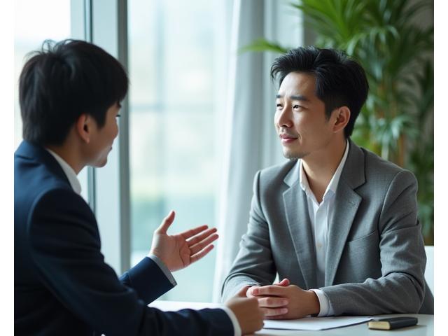 편안한 얼굴로 재정 상담을 받는 한국인 남성