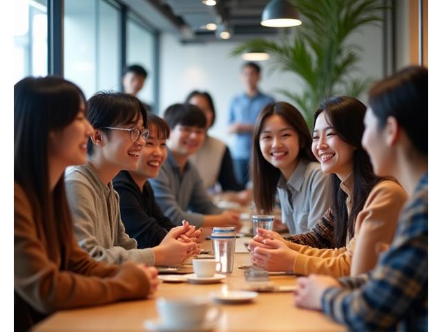 다양한 나이와 배경의 한국인 긱 워커들이 활기찬 코워킹 스페이스에서 서로 대화하고 협력하며 웃는 모습. 밝고 친근한 분위기를 연출한다.
