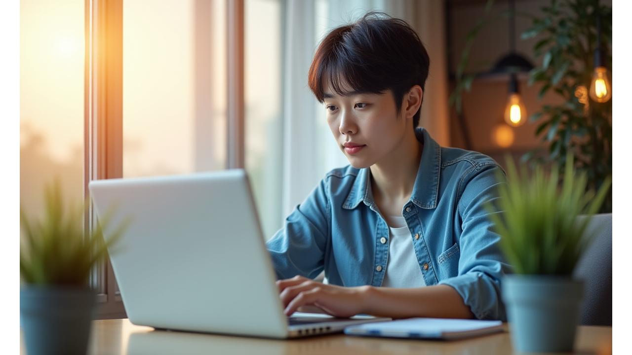 한국의 독립 근로자가 편안하게 노트북으로 일하며, 긍정적이고 안정적인 재정 미래를 상징하는 부드러운 빛을 받고 있는 모습.