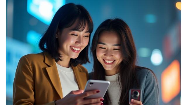 다문화 배경의 행복한 가족이 한국 서울의 현대적인 배경 앞에서 웃고 있는 모습, 금융 서류를 자연스럽게 보고 있다.