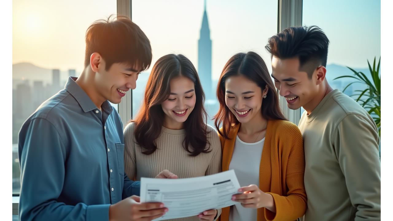 다문화 배경의 행복한 가족이 한국 서울의 현대적인 배경 앞에서 웃고 있는 모습, 금융 서류를 자연스럽게 보고 있다.