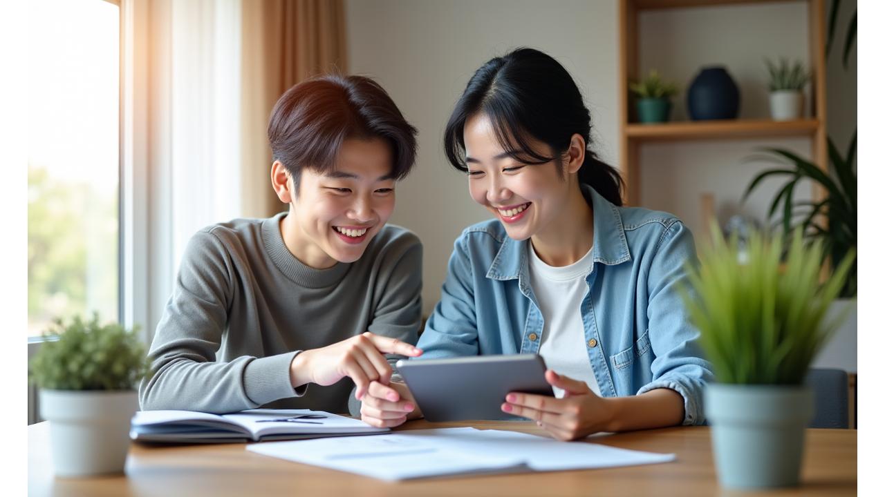 한국인 부부가 즐겁게 재정 계획을 세우는 모습