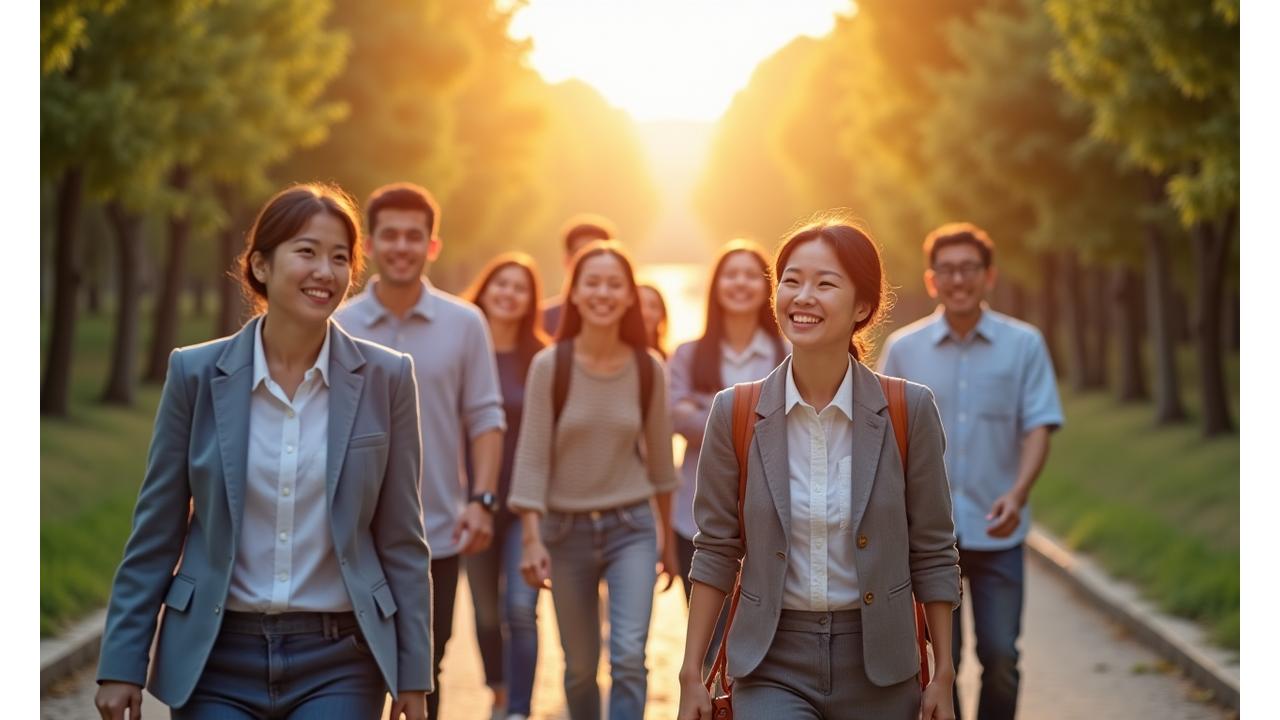 밝은 미래를 향해 걸어가는 다양한 연령대의 사람들이 햇살 아래 활짝 웃는 모습