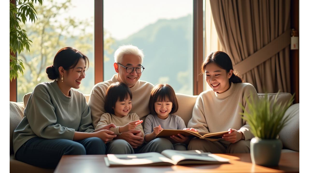 한국적인 정원이 보이는 창가에서 두 세대의 가족이 앉아 편안하게 웃으며 금융 서류를 검토하는 모습. 따뜻한 햇살이 방을 비추고 있어 희망적이고 안정적인 분위기를 연출한다.