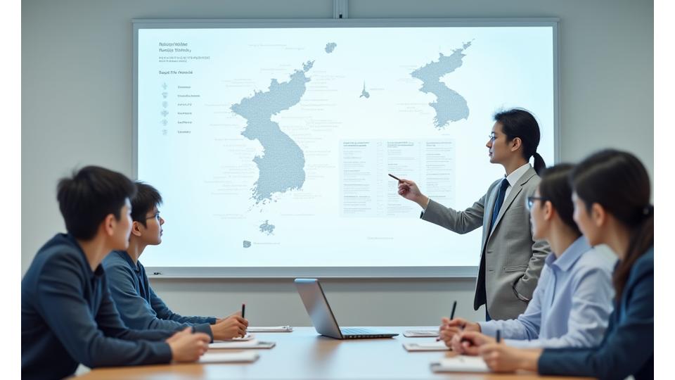 한국 지도가 그려진 흰색 보드에 복잡하게 얽힌 금융 경로를 손가락으로 가리키며 설명하는 성인 강사와 진지하게 경청하는 네 명의 성인들