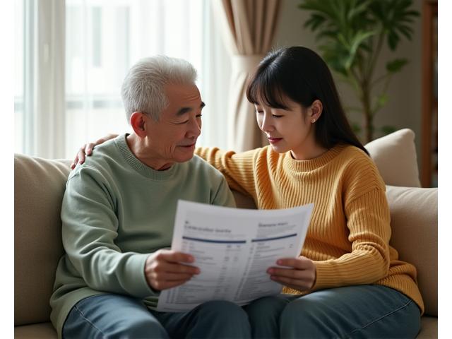 따뜻한 분위기에서 한국인 시니어와 성인 자녀가 함께 앉아 금융 서류를 보며 평화롭게 대화하는 모습.