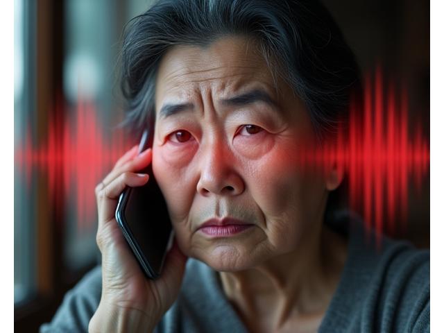 한국인 시니어 여성이 전화 통화를 하며 걱정스러운 표정을 짓고 있고, 전화기 너머 위협적인 목소리를 암시하는 추상적인 빨간색 파동이 표현되어 있습니다.