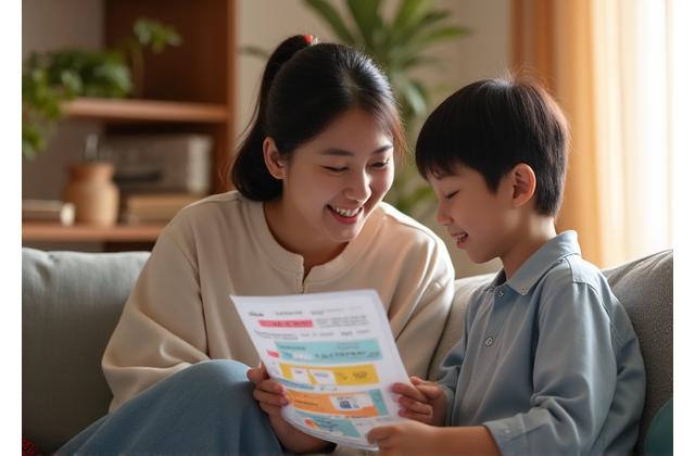 한국인 부모와 자녀가 함께 가계 예산표를 보며 이야기하는 모습