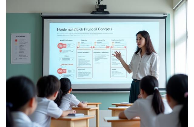 한국 학교 교사와 학생들이 함께 금융 교육 자료를 보고 있는 모습